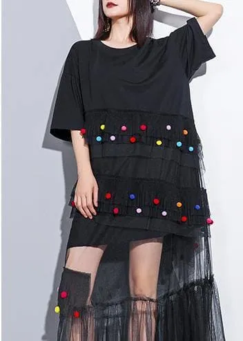 Classy black cotton clothes For Women o neck patchwork tulle Art summer Dresses