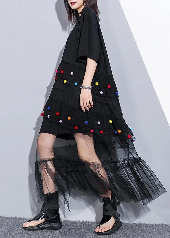 Classy black cotton clothes For Women o neck patchwork tulle Art summer Dresses