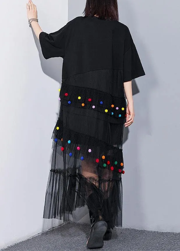 Classy black cotton clothes For Women o neck patchwork tulle Art summer Dresses