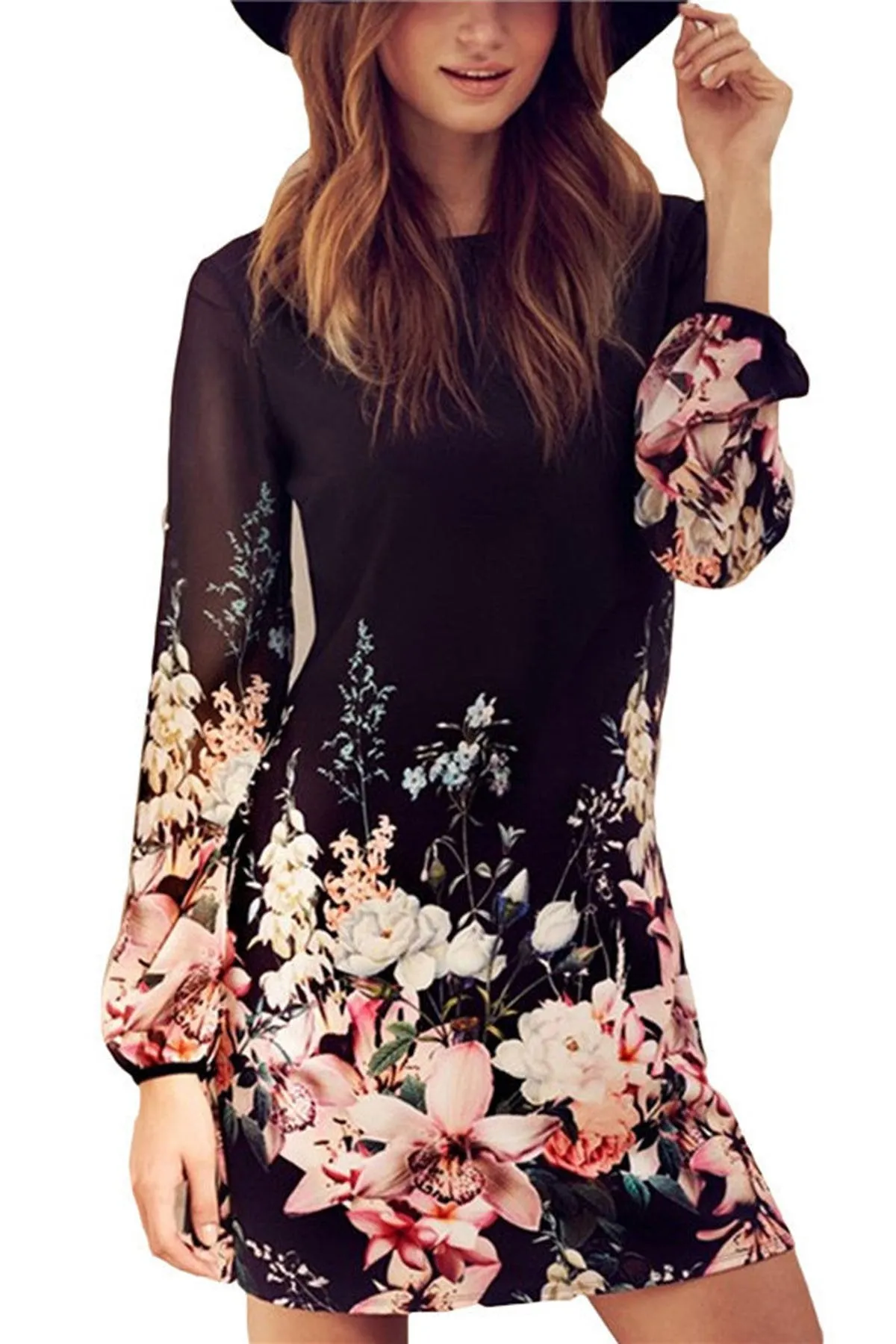 Clearance Chiffon Print Scoop Long Sleeves Short Dress