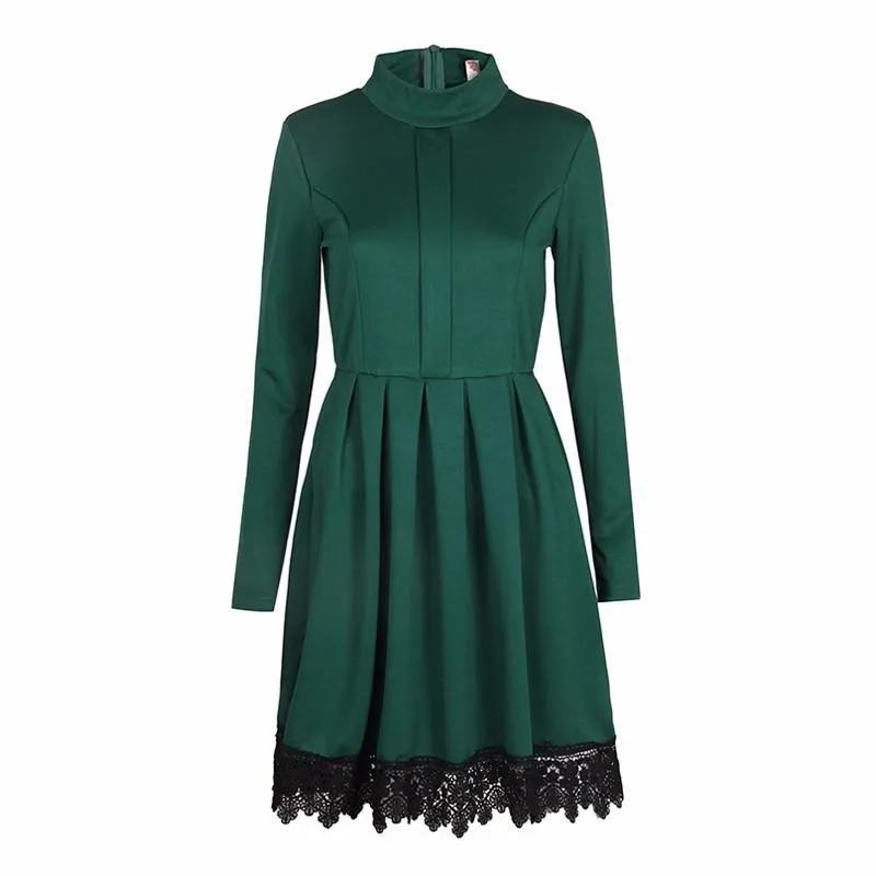 Clearance Scoop Long Sleeves Lace Patchwork Flared Pleated Knee-length Dress