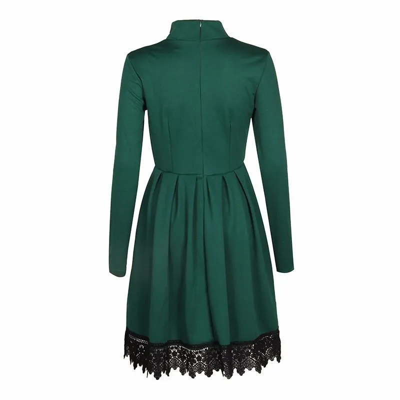 Clearance Scoop Long Sleeves Lace Patchwork Flared Pleated Knee-length Dress
