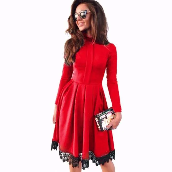 Clearance Scoop Long Sleeves Lace Patchwork Flared Pleated Knee-length Dress