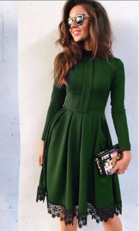 Clearance Scoop Long Sleeves Lace Patchwork Flared Pleated Knee-length Dress