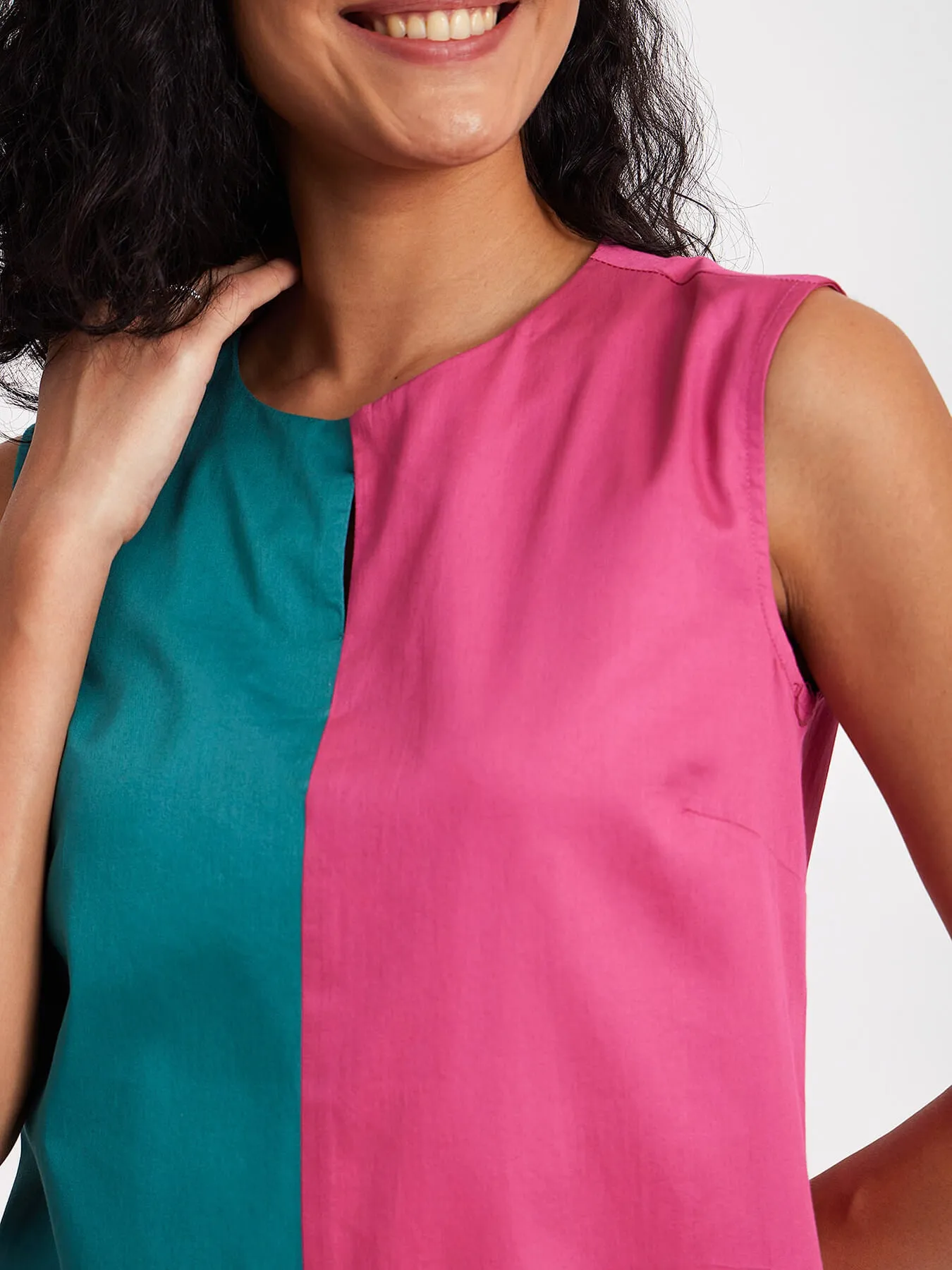 Colour Block Sleeveless Dress - Pink And Teal