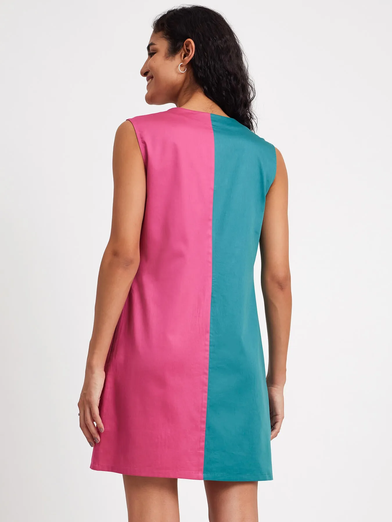 Colour Block Sleeveless Dress - Pink And Teal