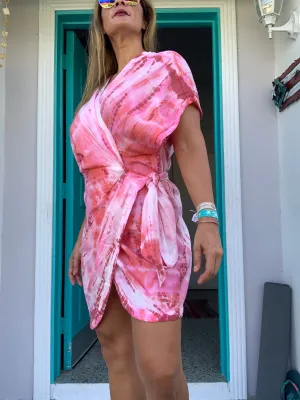 Coral Tie Dye Wrap Mini Dress