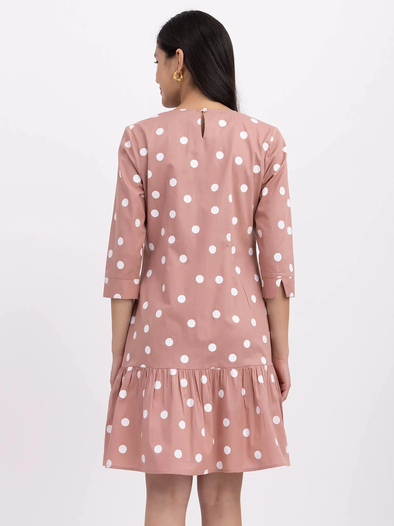 Cotton Polka Dot Tier Dress - Dusty Pink And White