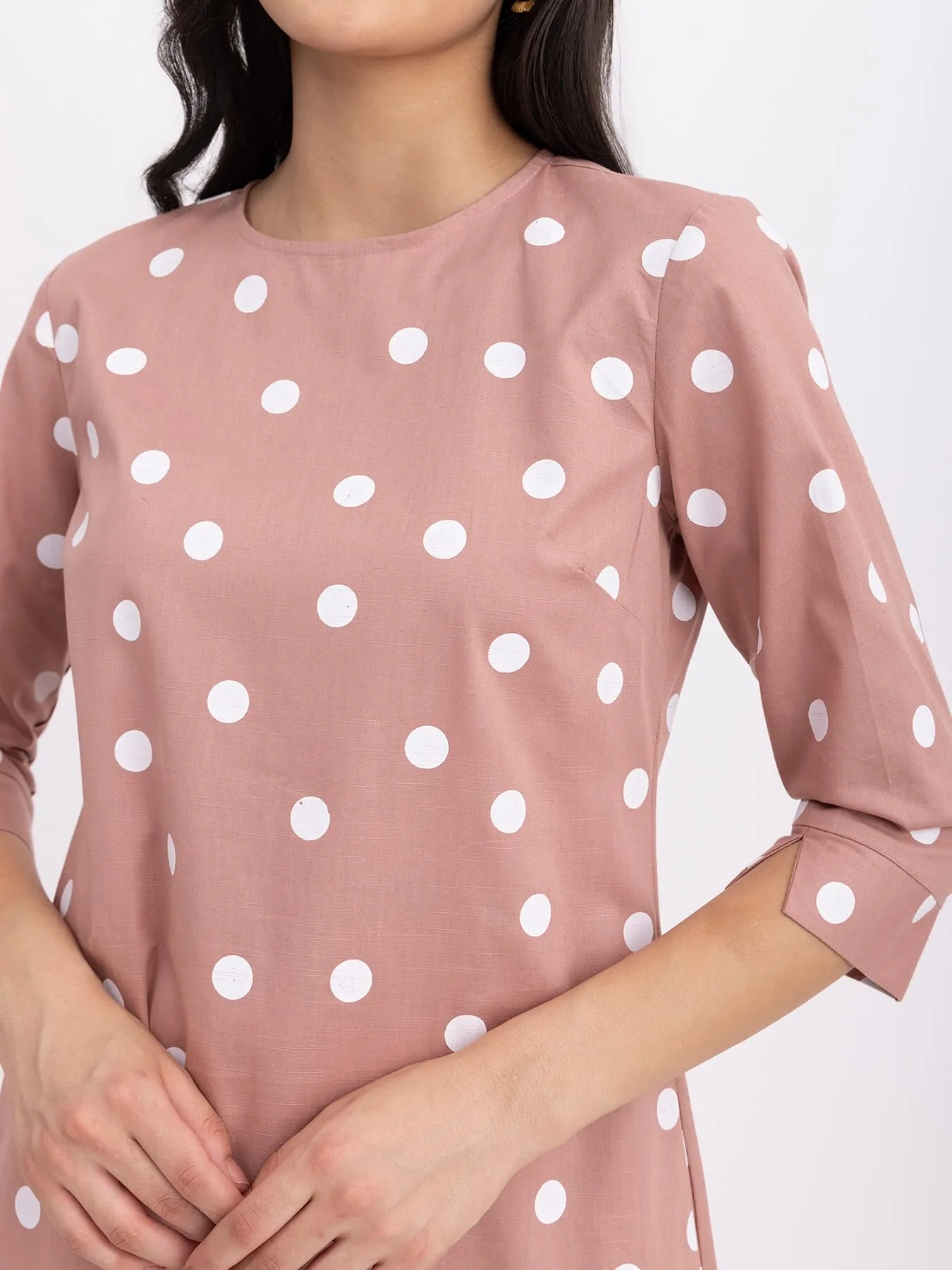 Cotton Polka Dot Tier Dress - Dusty Pink And White