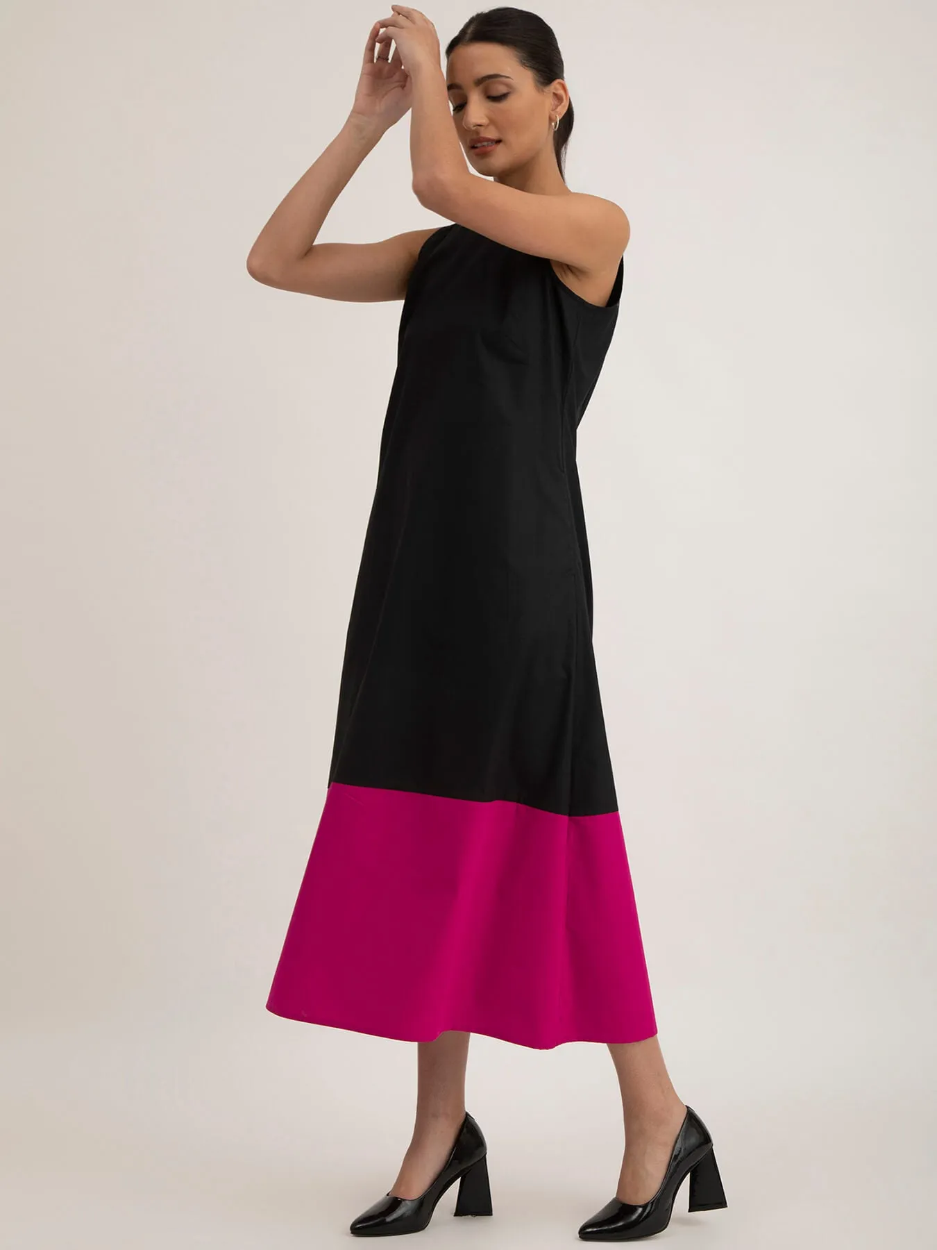 Cotton Poplin Colour Block Dress - Black And Fuchsia