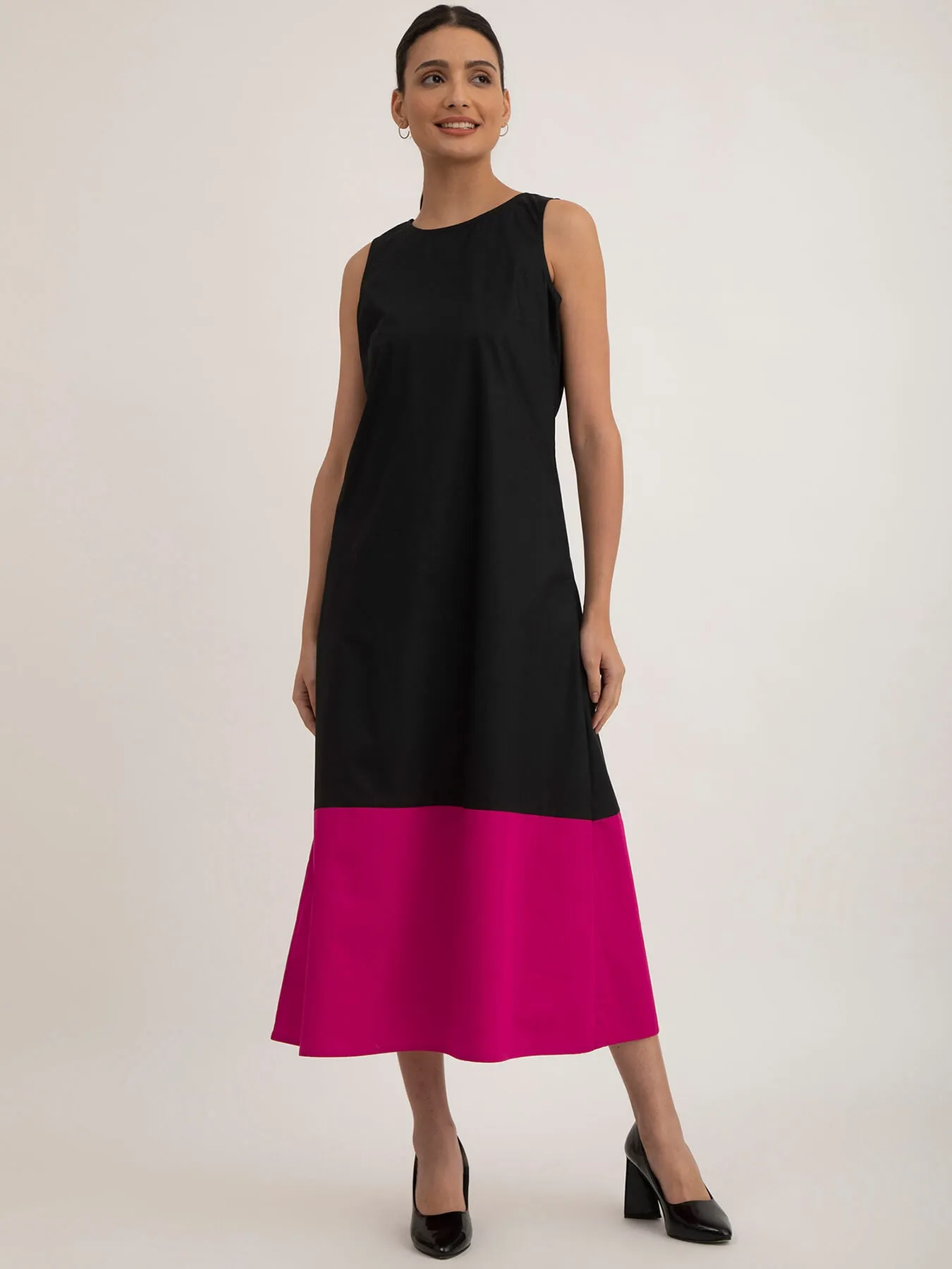 Cotton Poplin Colour Block Dress - Black And Fuchsia