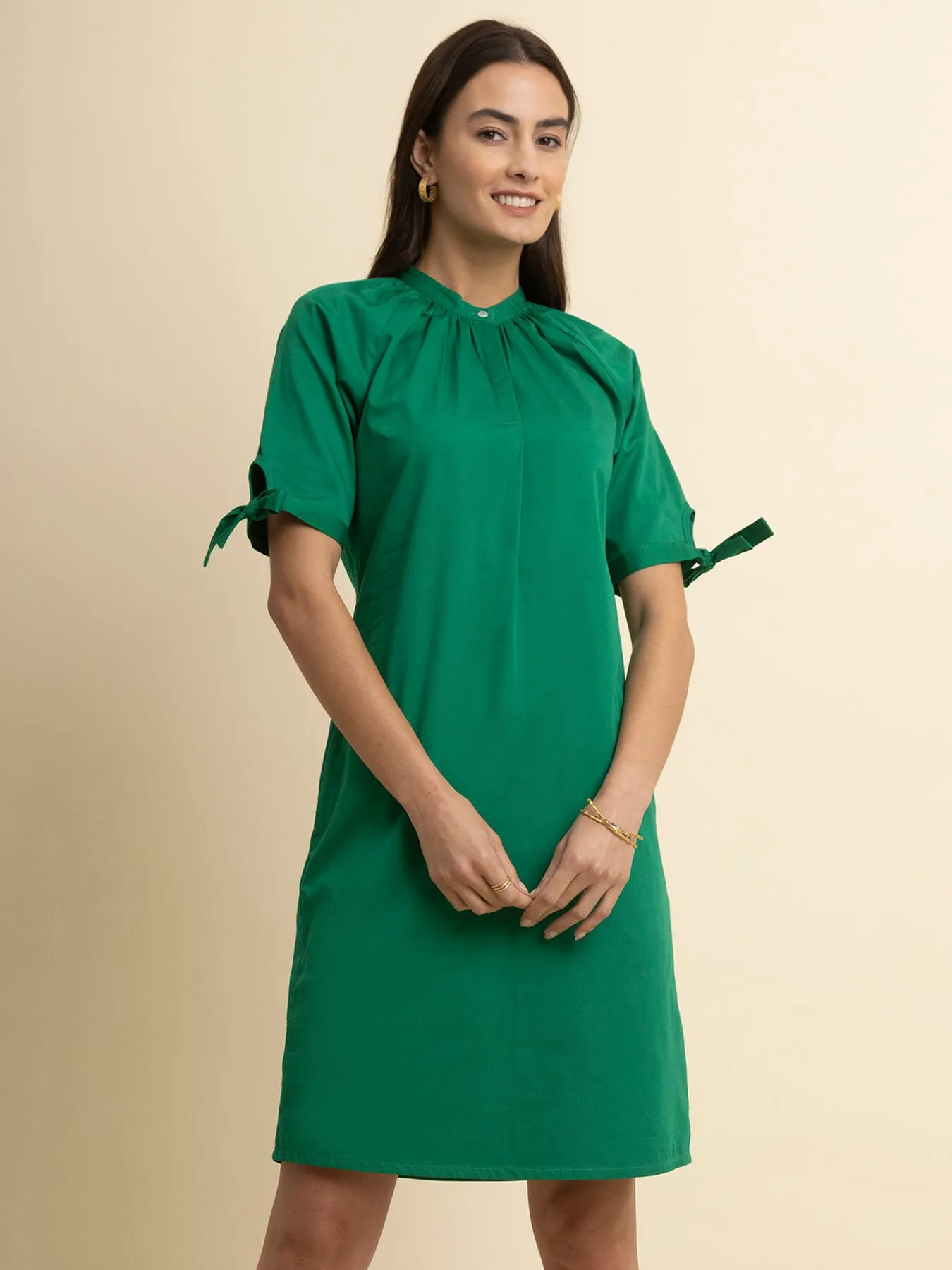 Cotton Tie-Up Sleeves Dress - Green
