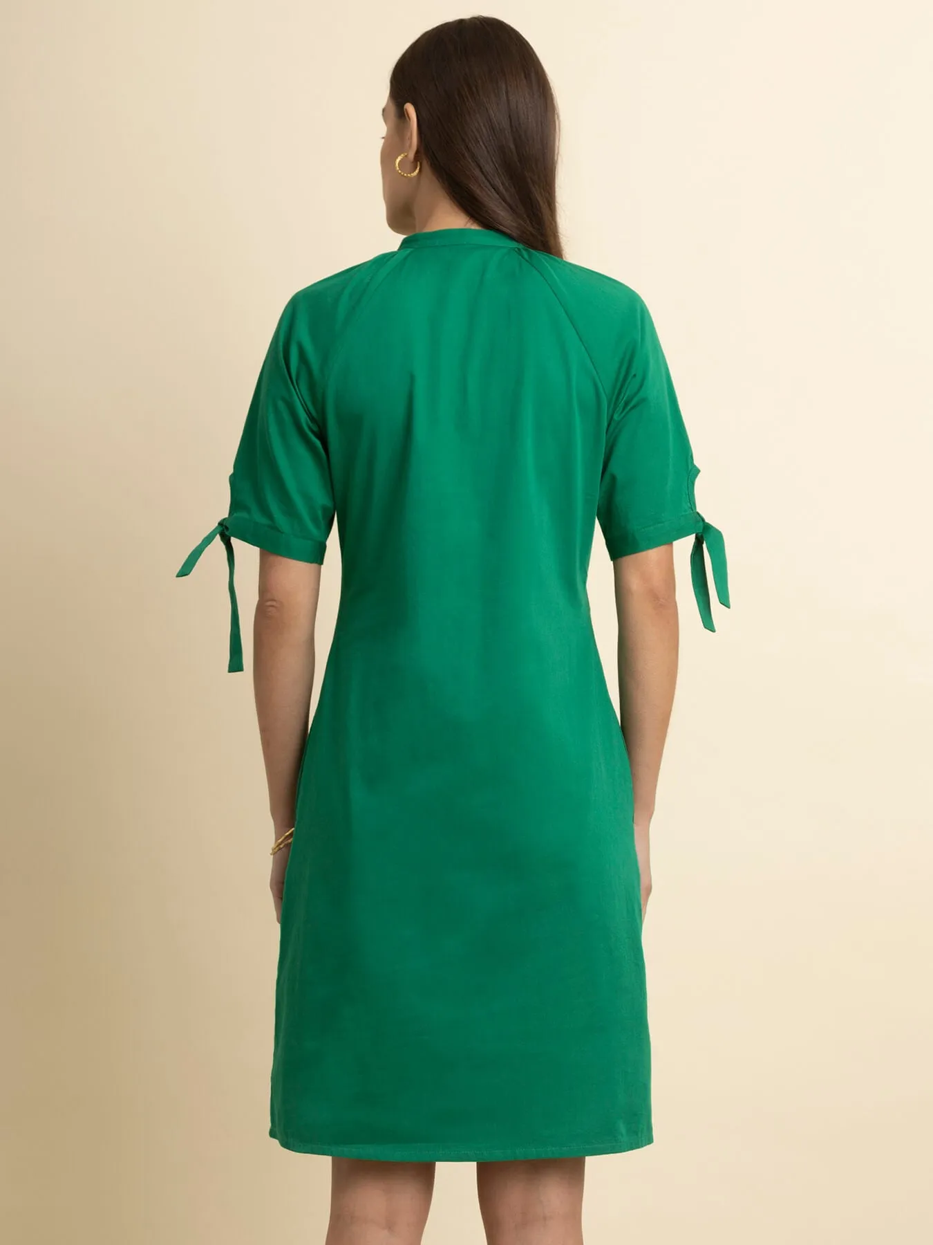 Cotton Tie-Up Sleeves Dress - Green