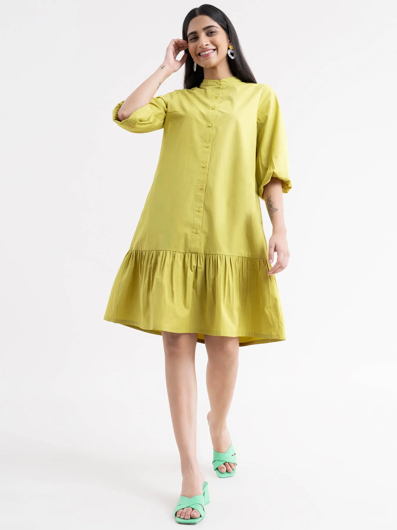 Cotton Tiered Dress - Acid Green