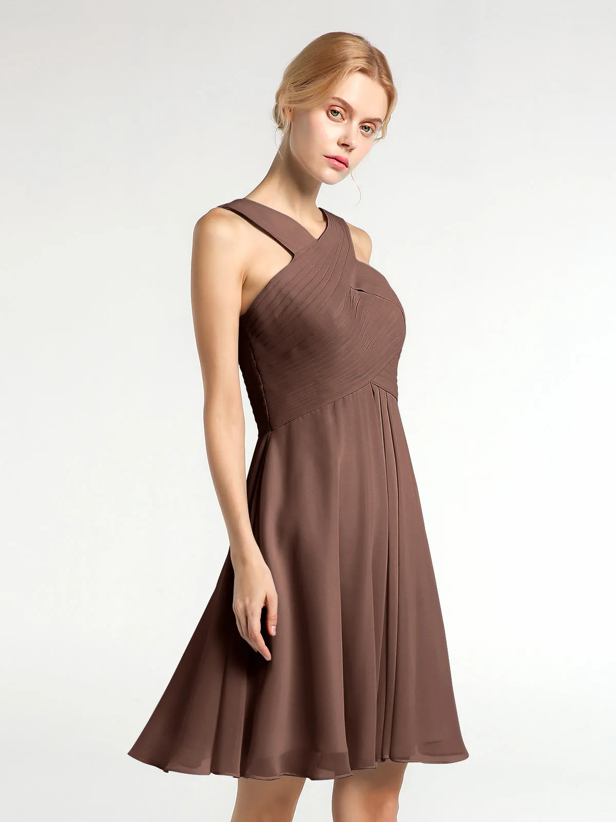 Cross Front Empire Waist Short Bridesmaid Dress Chocolate