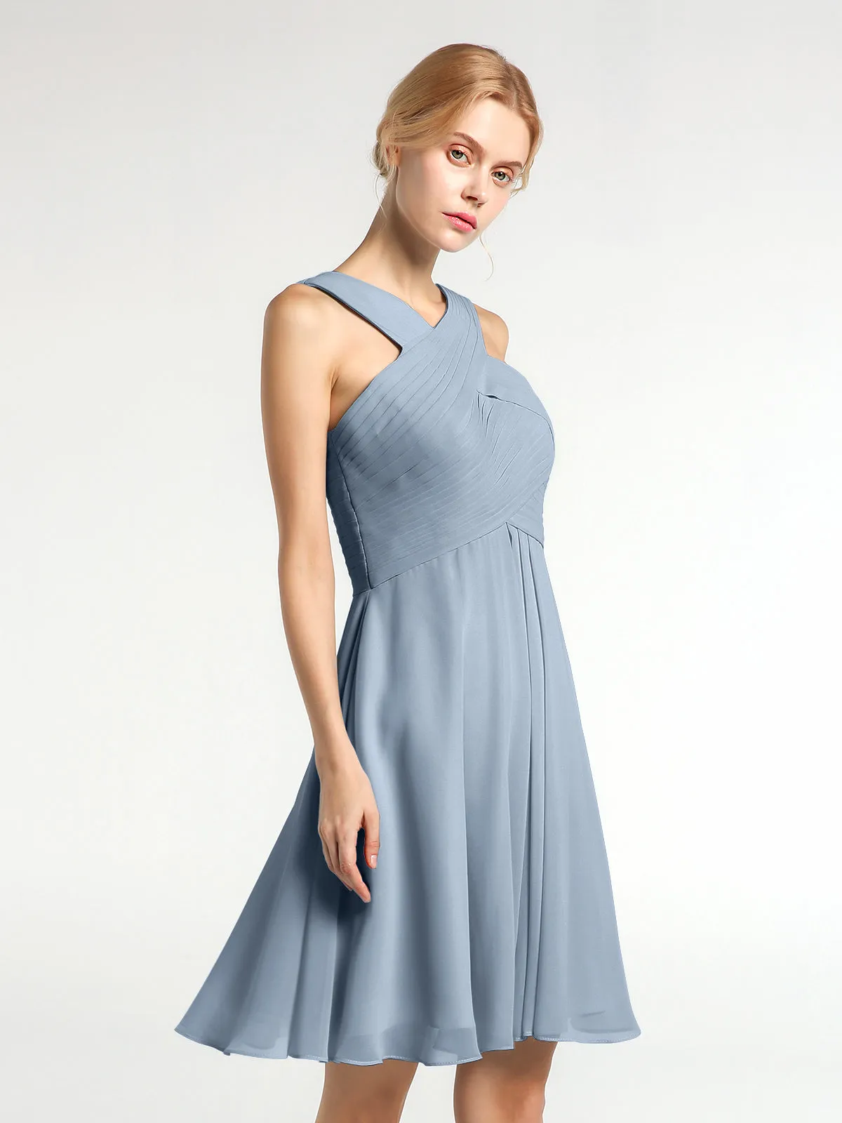 Cross Front Empire Waist Short Bridesmaid Dress Dusty Blue