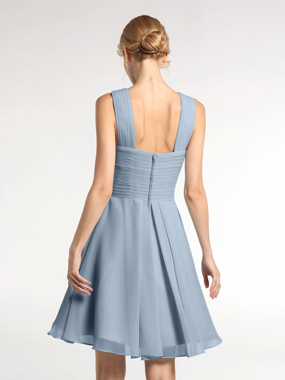 Cross Front Empire Waist Short Bridesmaid Dress Dusty Blue