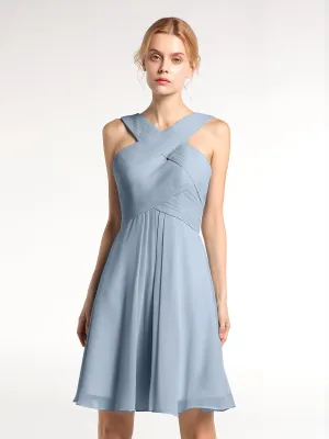 Cross Front Empire Waist Short Bridesmaid Dress Dusty Blue