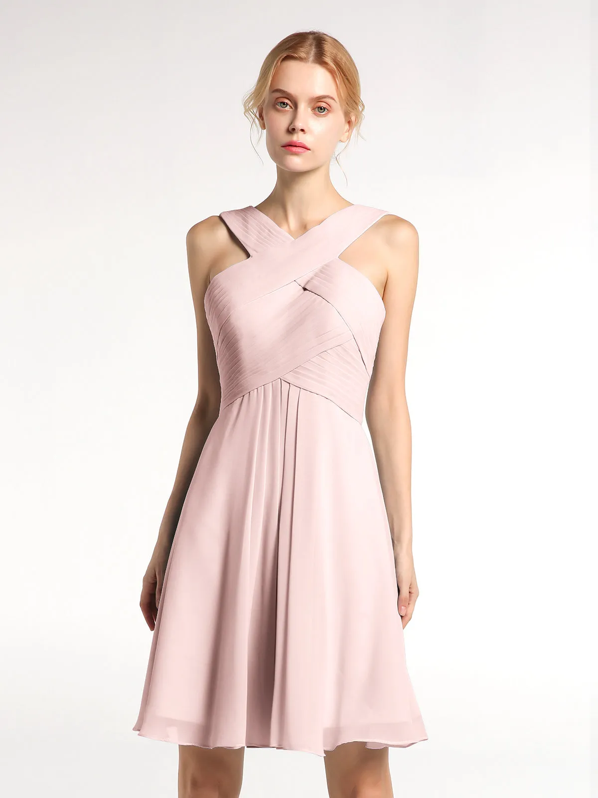 Cross Front Empire Waist Short Bridesmaid Dress Dusty Rose Plus Size