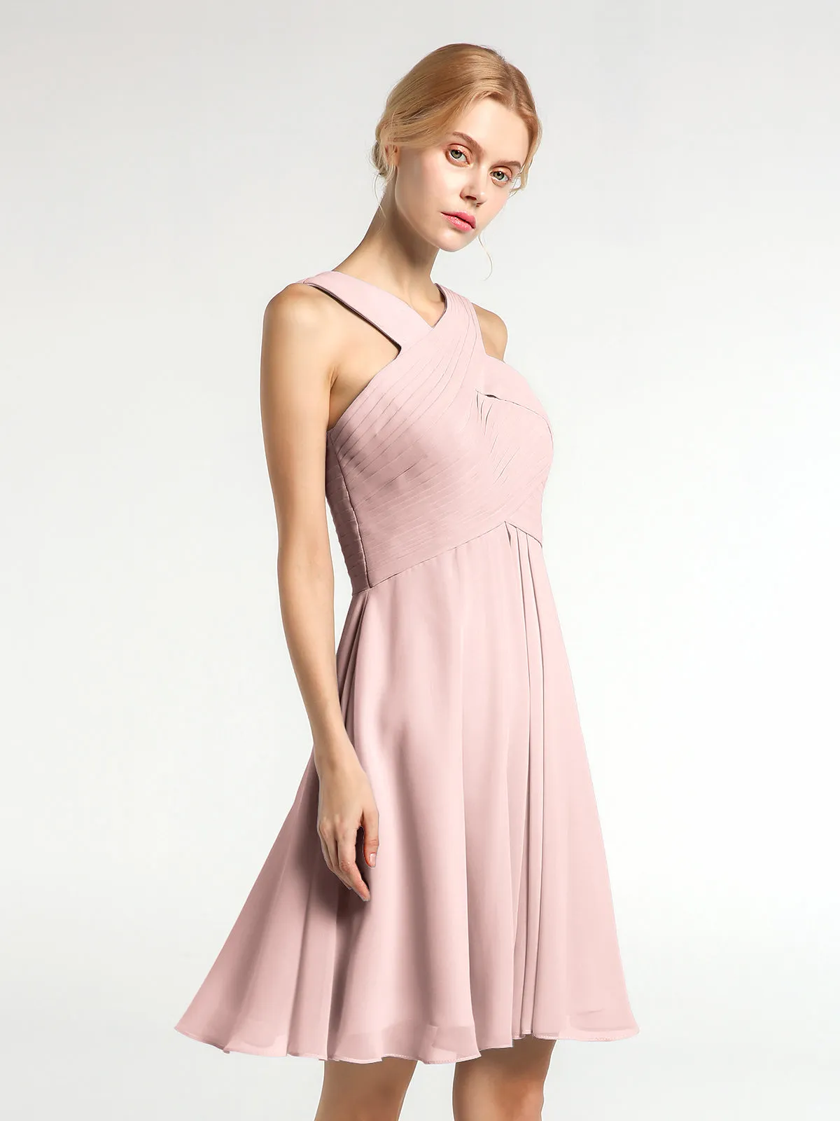 Cross Front Empire Waist Short Bridesmaid Dress Dusty Rose Plus Size