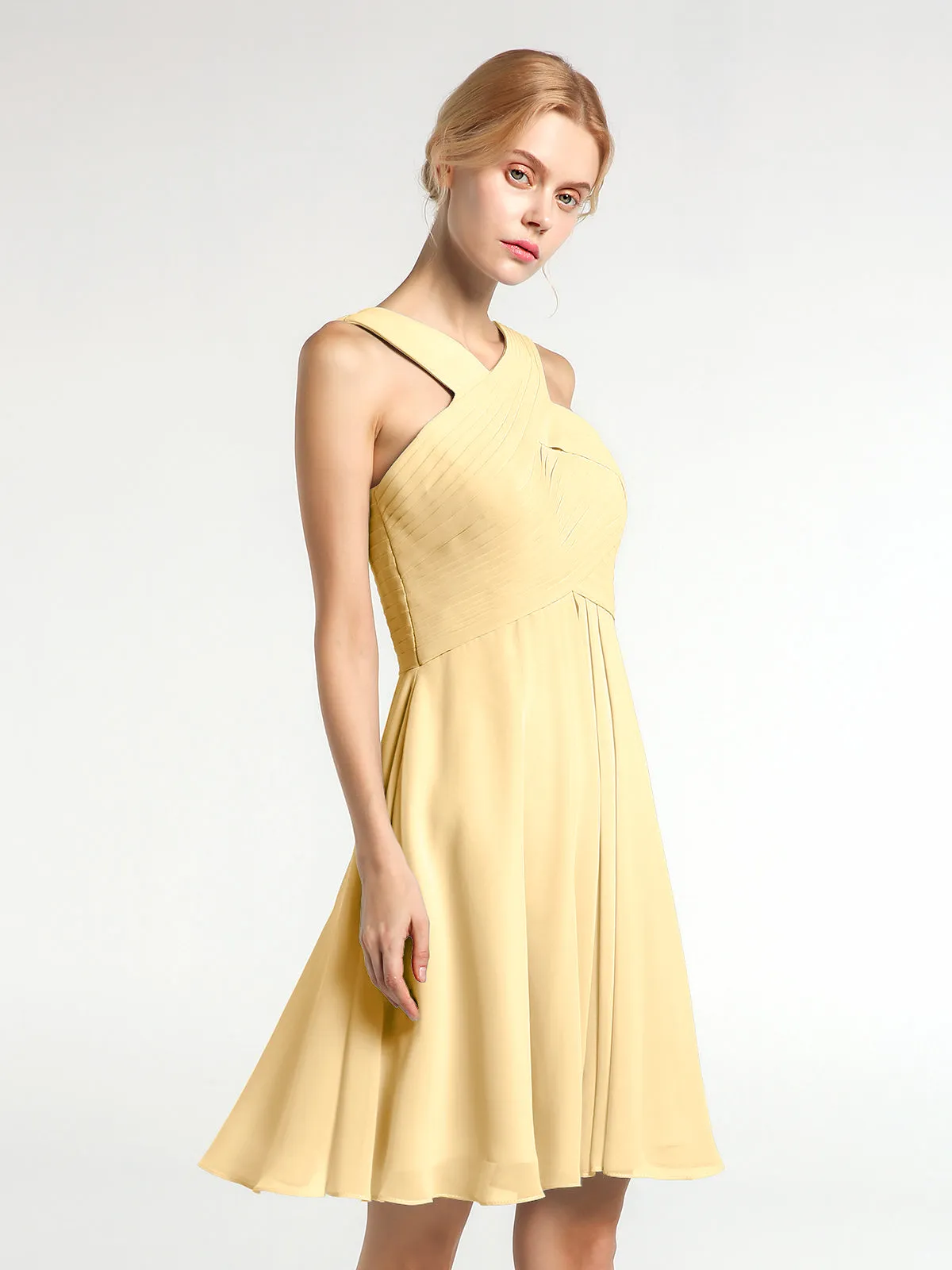 Cross Front Empire Waist Short Bridesmaid Dress Gold