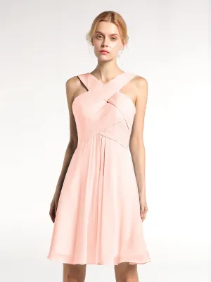 Cross Front Empire Waist Short Bridesmaid Dress Pearl Pink