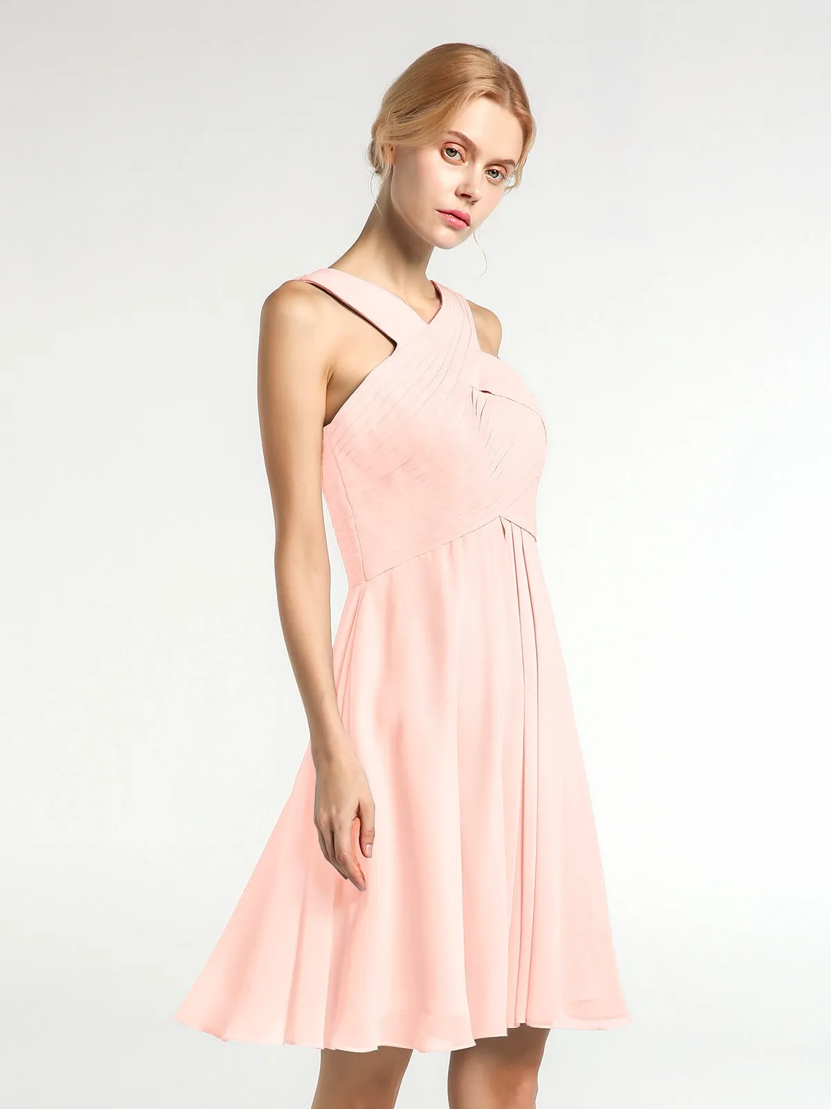 Cross Front Empire Waist Short Bridesmaid Dress Pearl Pink