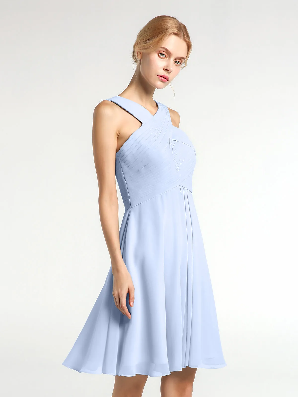 Cross Front Empire Waist Short Bridesmaid Dress Sky Blue Plus Size