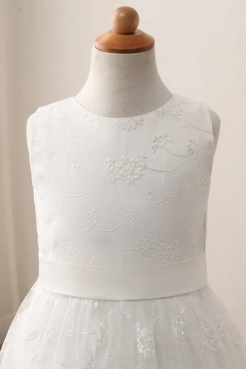 Cute Long A-line Jewel Lace Sleeveless Flower Girl Dresses