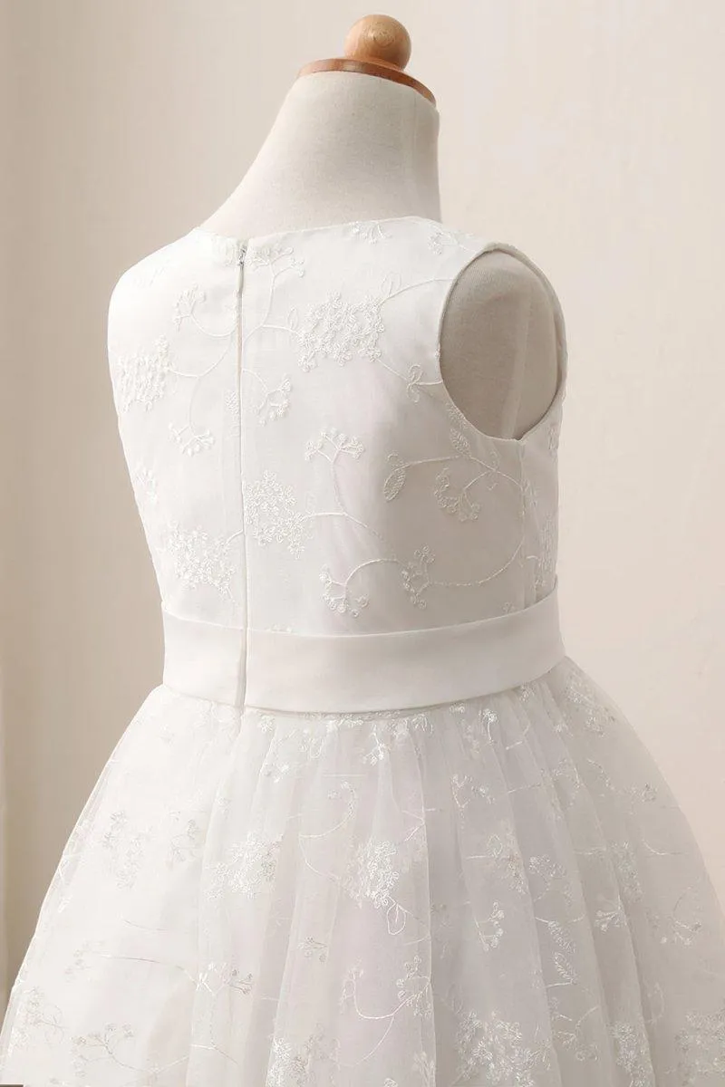 Cute Long A-line Jewel Lace Sleeveless Flower Girl Dresses