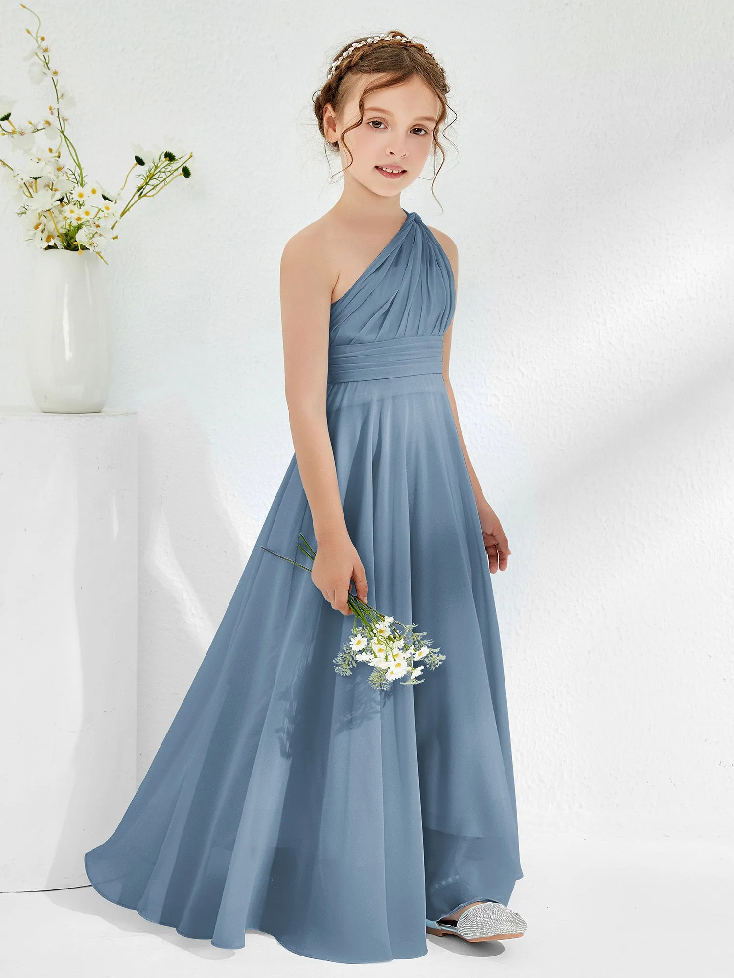 Cute One Shoulder  A-line Junior Bridesmaid Dresses Slate Blue