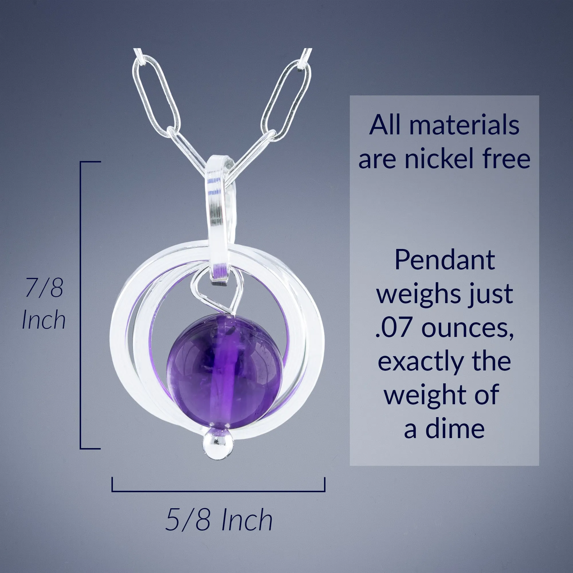 Dark Purple Genuine 8MM Amethyst Gemstone Pendant Necklace in Sterling Silver