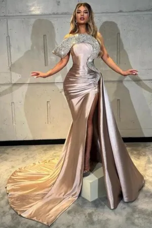 Designer Column Satin One Shoulder Sleeveless Prom Dresses With Split Front