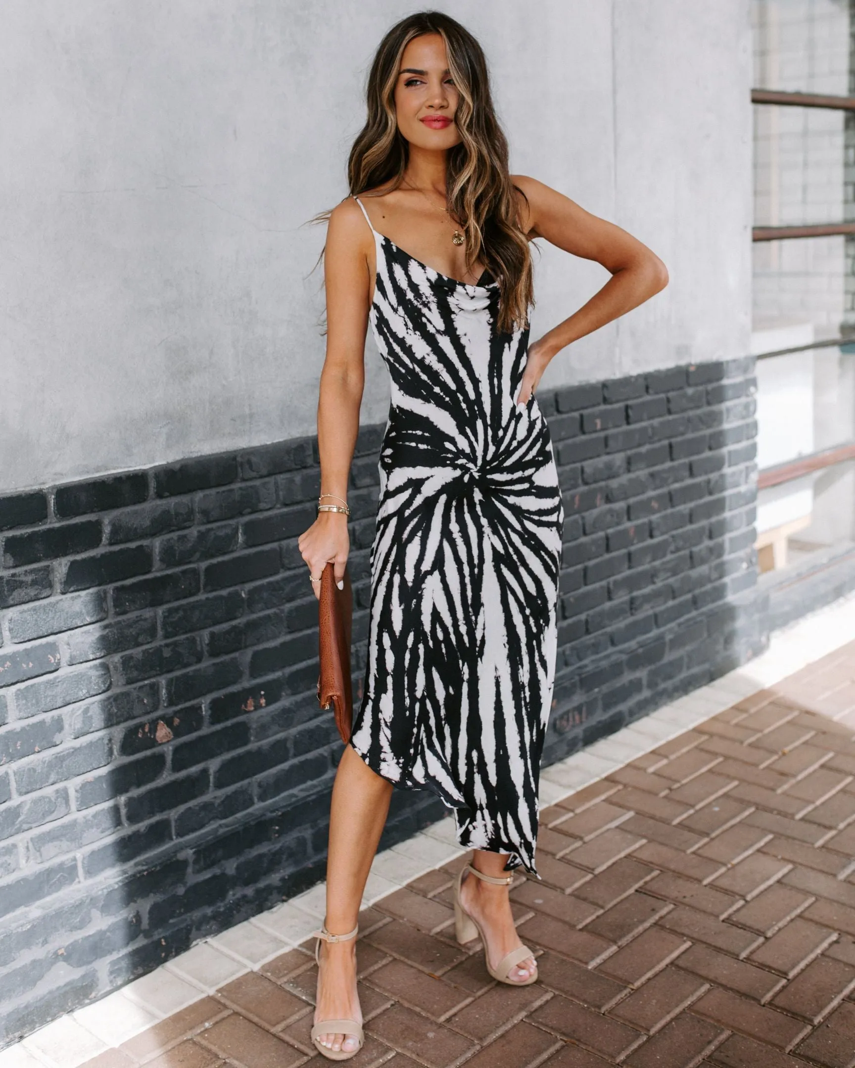 Diva Asymmetrical Tie Dye Midi Slip Dress - Charcoal