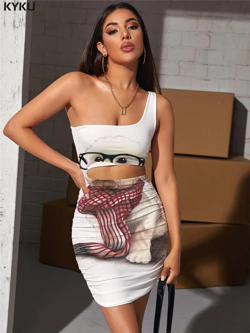 Dog Dresses Women Animal 3d Print Painting Hollow out Dresses Lovely Vestido Sexy