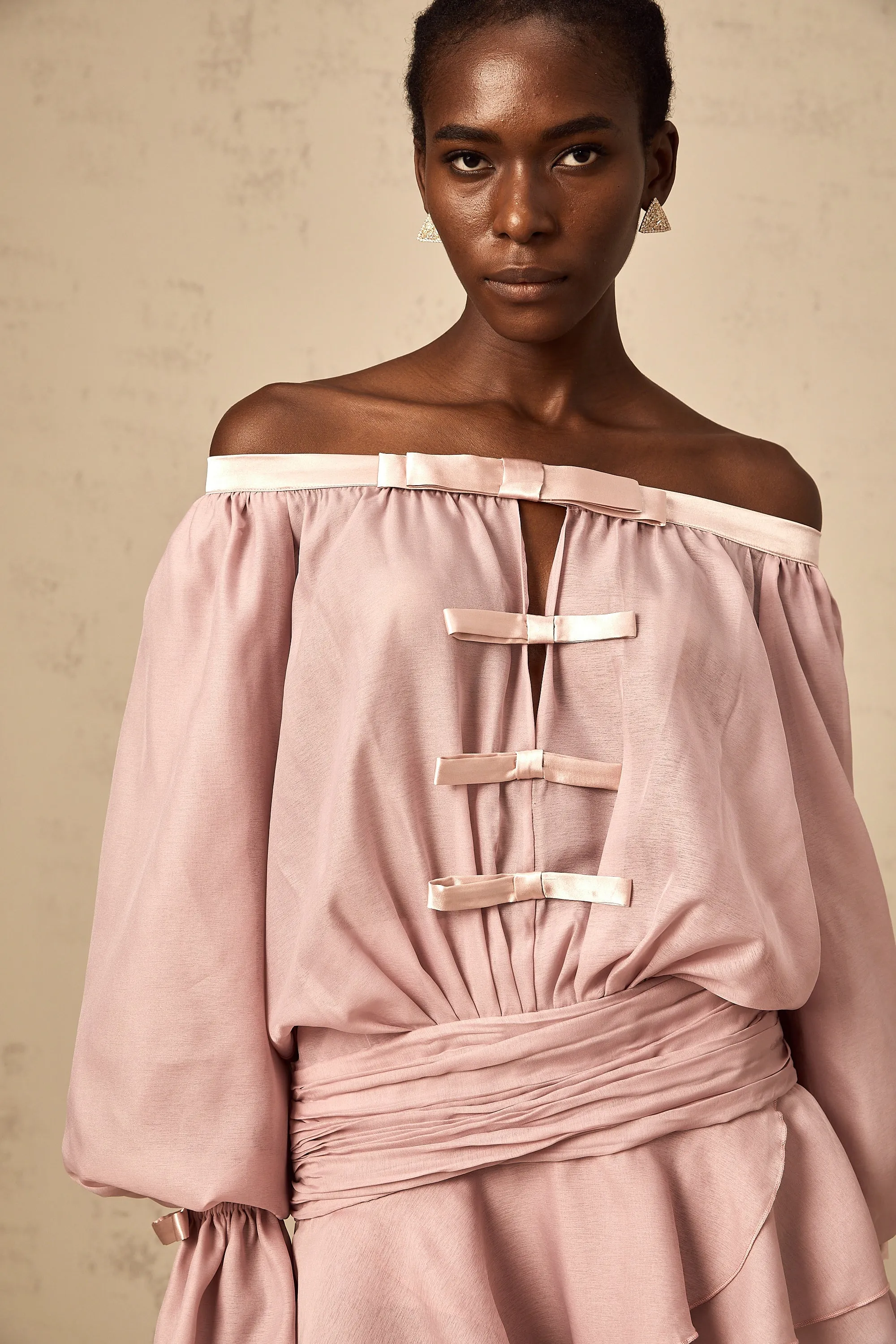 Dulcie pink off-shoulder bowknot flounced mini dress