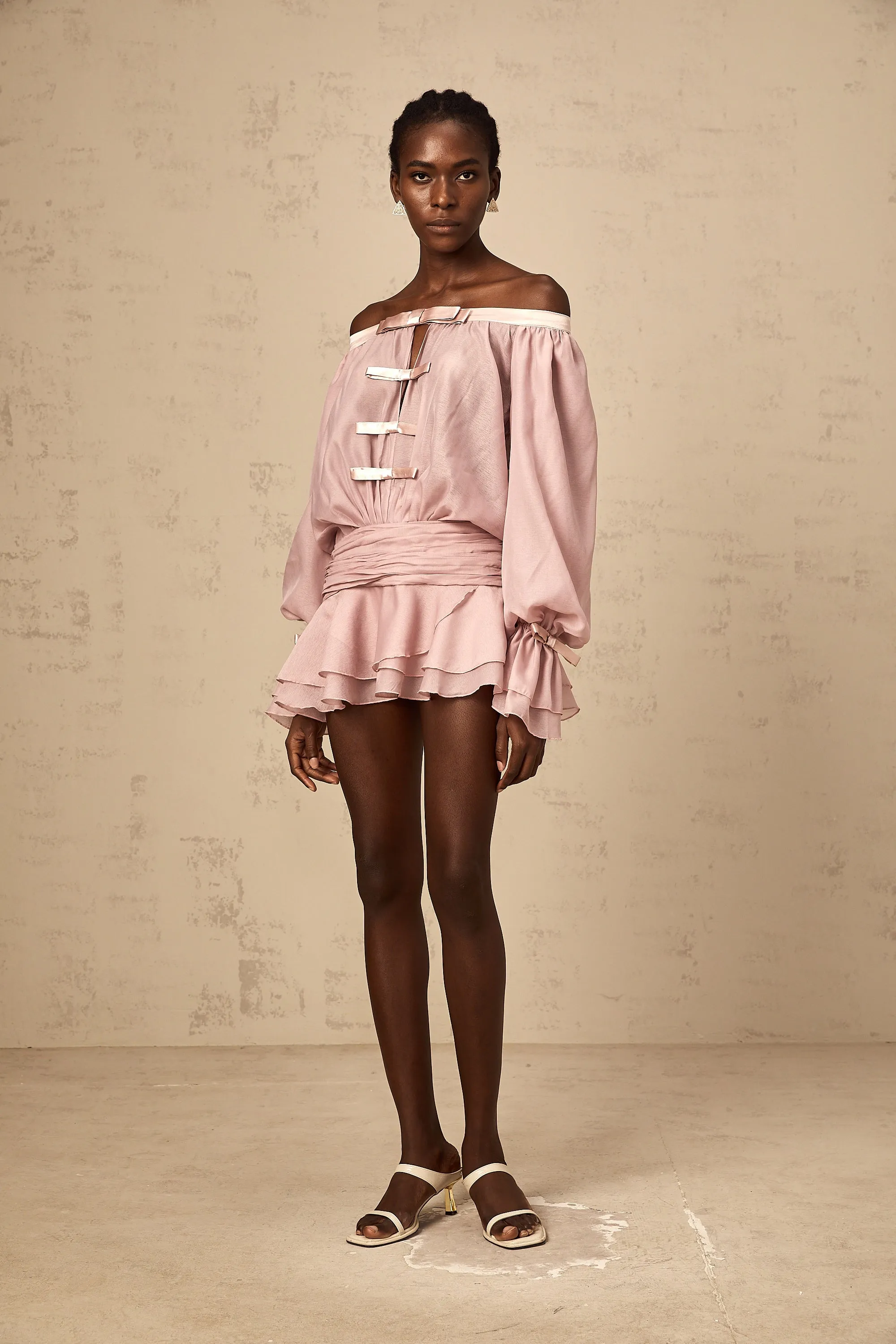 Dulcie pink off-shoulder bowknot flounced mini dress