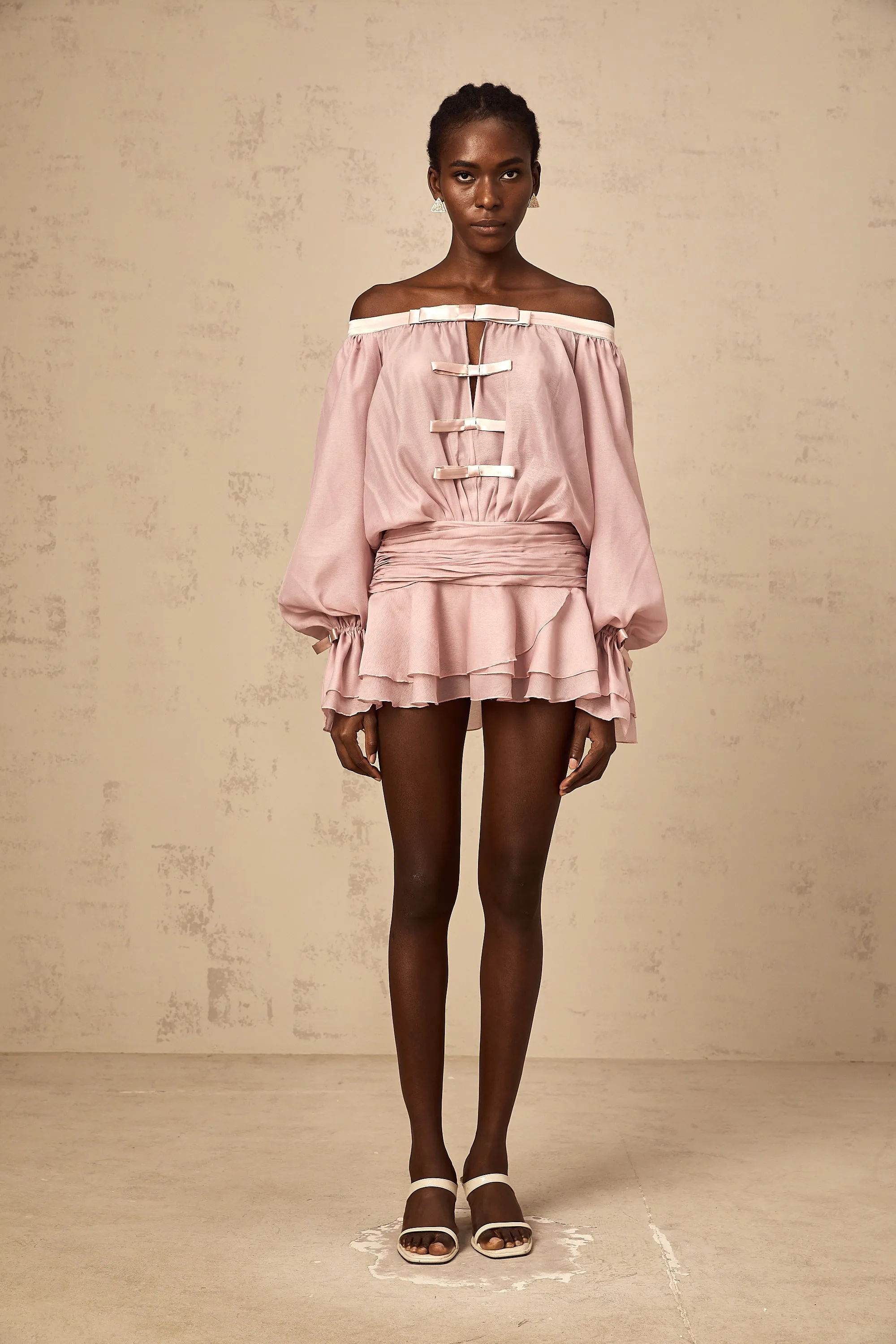 Dulcie pink off-shoulder bowknot flounced mini dress