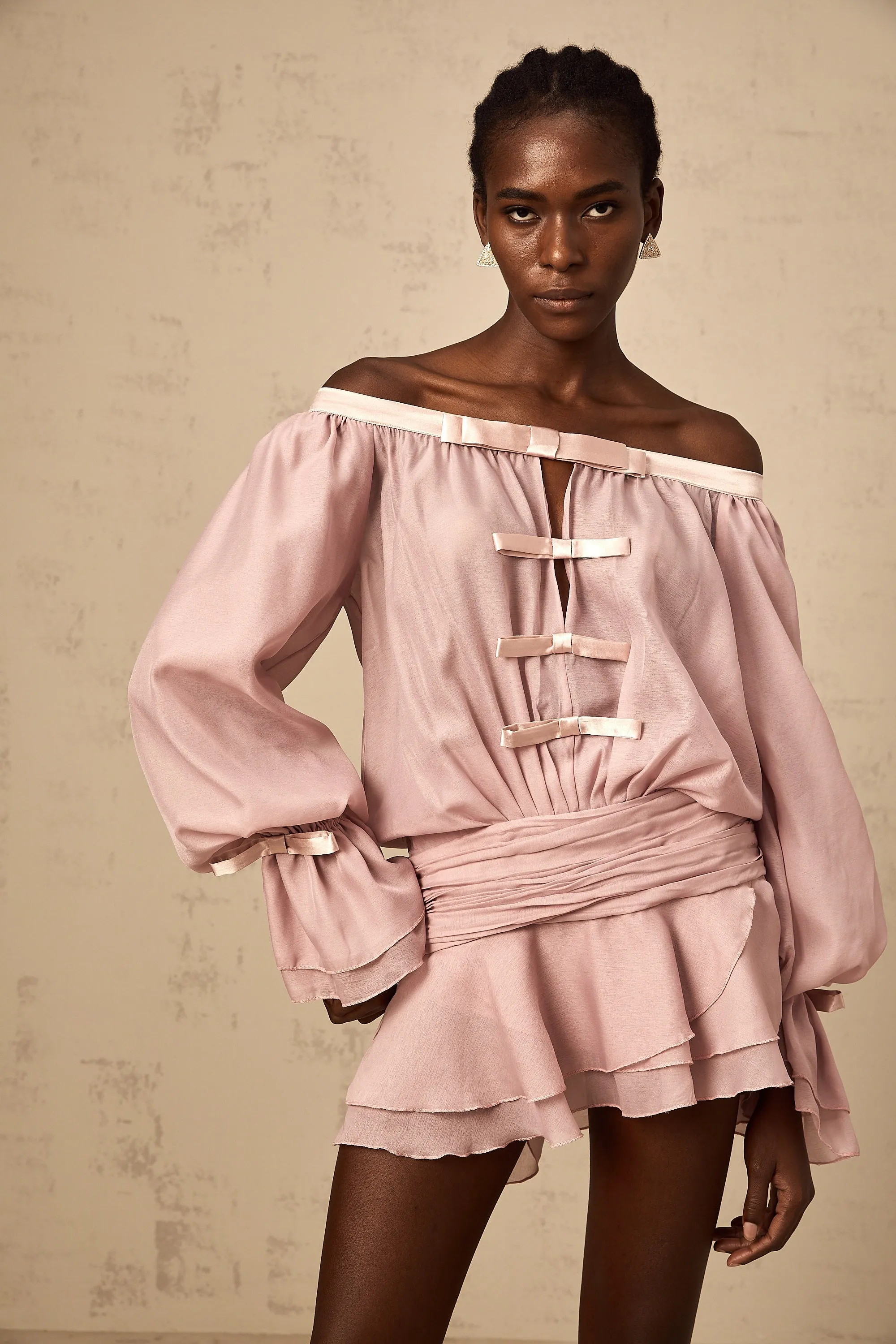 Dulcie pink off-shoulder bowknot flounced mini dress