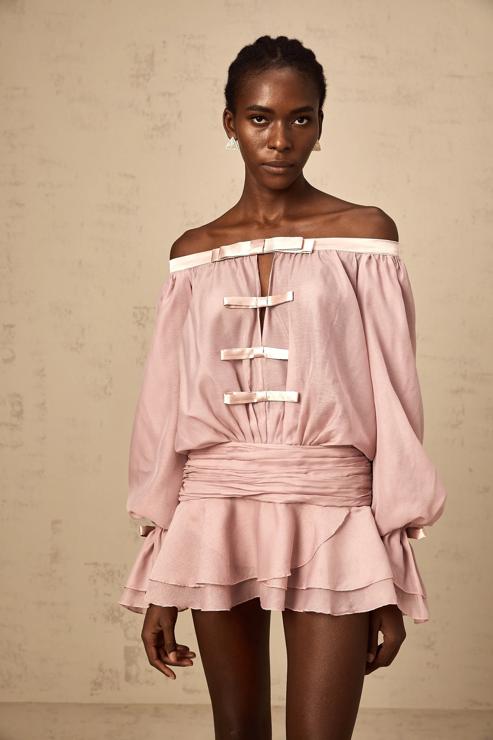 Dulcie pink off-shoulder bowknot flounced mini dress