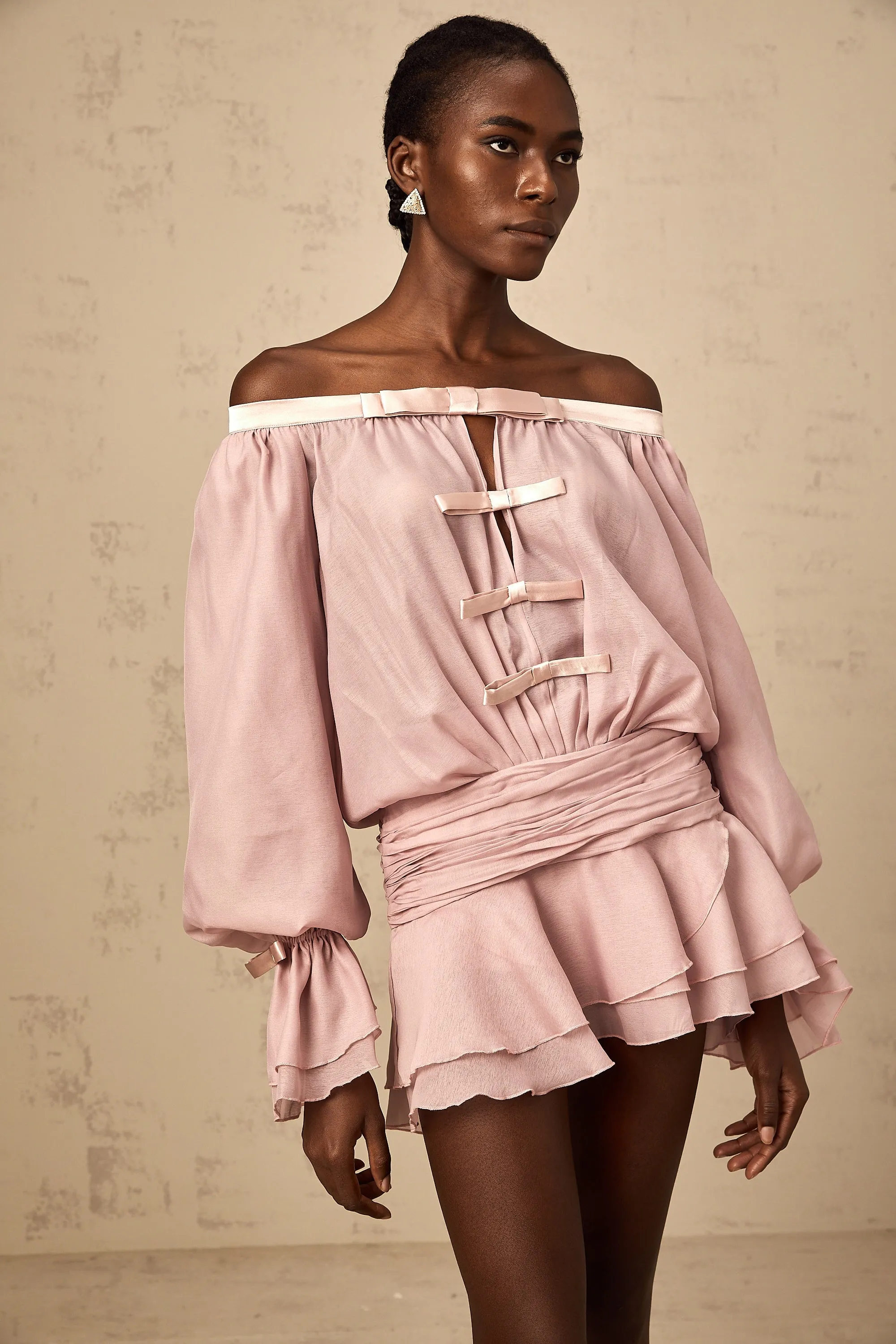 Dulcie pink off-shoulder bowknot flounced mini dress