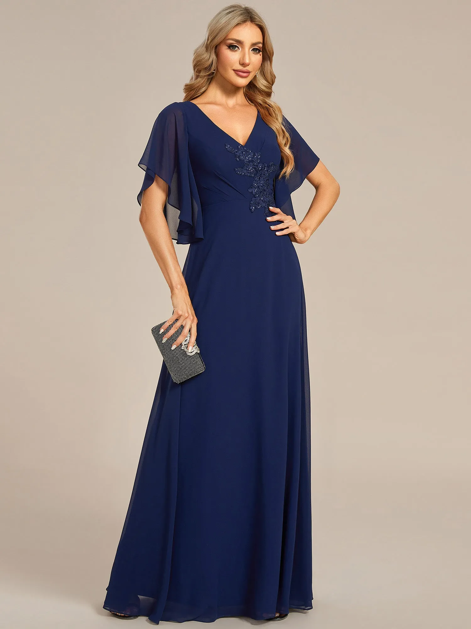 Elegant  Appliques  Floor Length V Neck Half Sleeves Wholesale Bridesmaids Dress