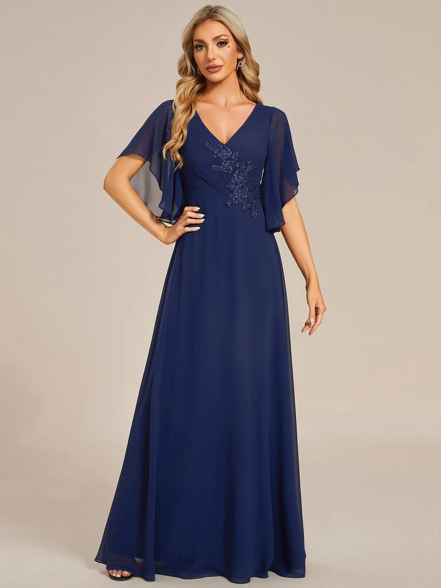 Elegant  Appliques  Floor Length V Neck Half Sleeves Wholesale Bridesmaids Dress