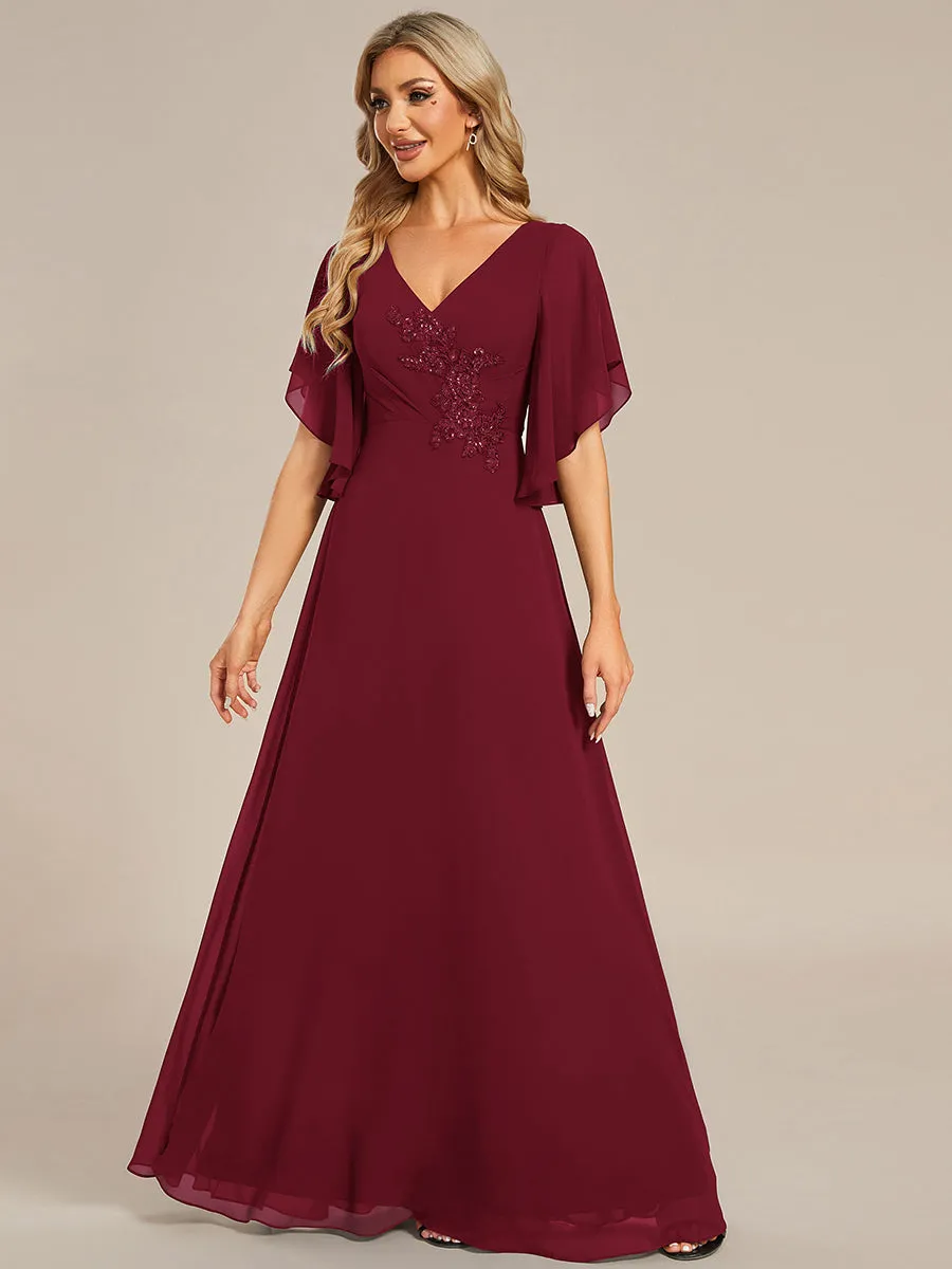 Elegant  Appliques  Floor Length V Neck Half Sleeves Wholesale Bridesmaids Dress