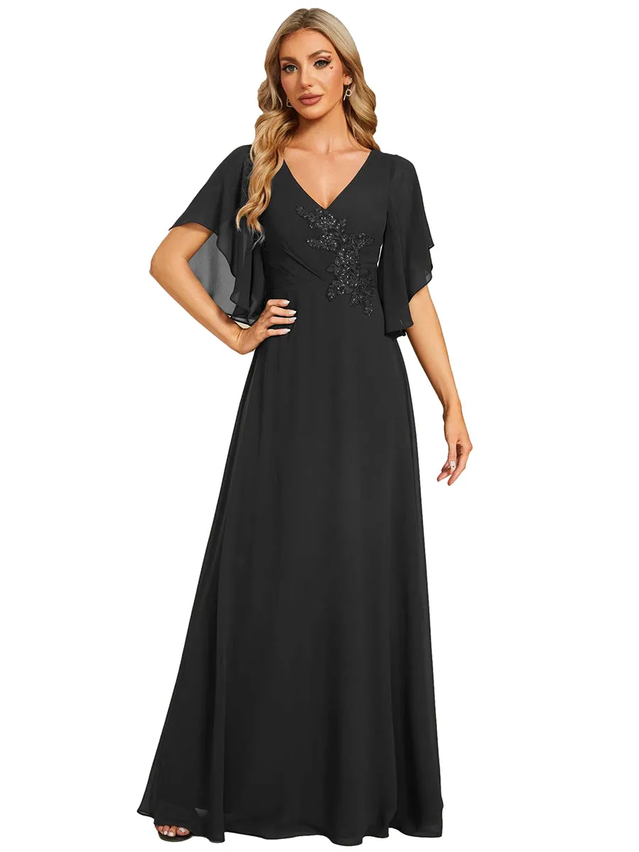 Elegant  Appliques  Floor Length V Neck Half Sleeves Wholesale Bridesmaids Dress