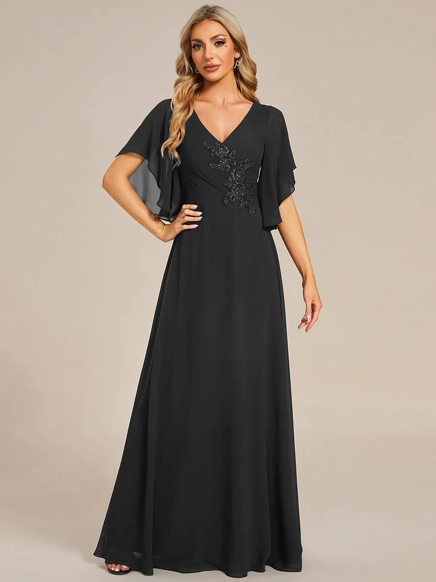 Elegant  Appliques  Floor Length V Neck Half Sleeves Wholesale Bridesmaids Dress