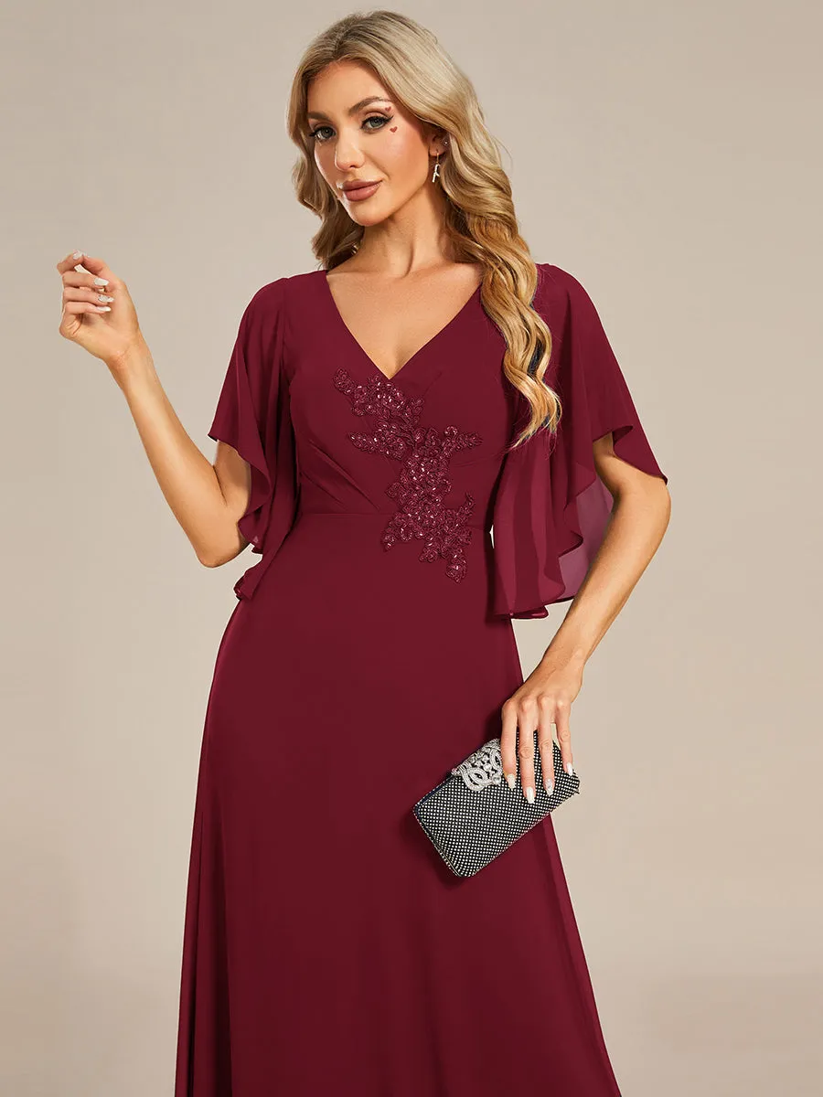 Elegant  Appliques  Floor Length V Neck Half Sleeves Wholesale Bridesmaids Dress