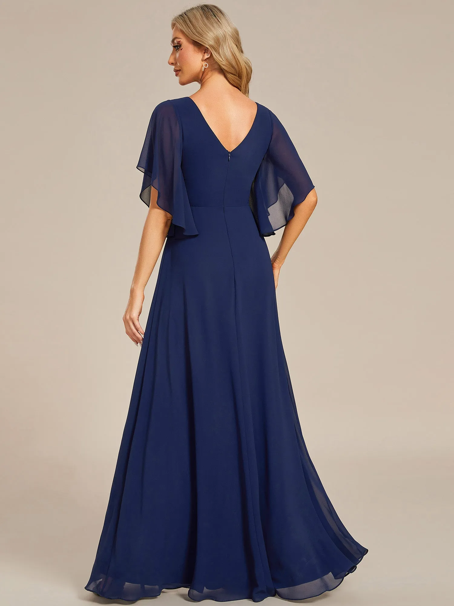 Elegant  Appliques  Floor Length V Neck Half Sleeves Wholesale Bridesmaids Dress