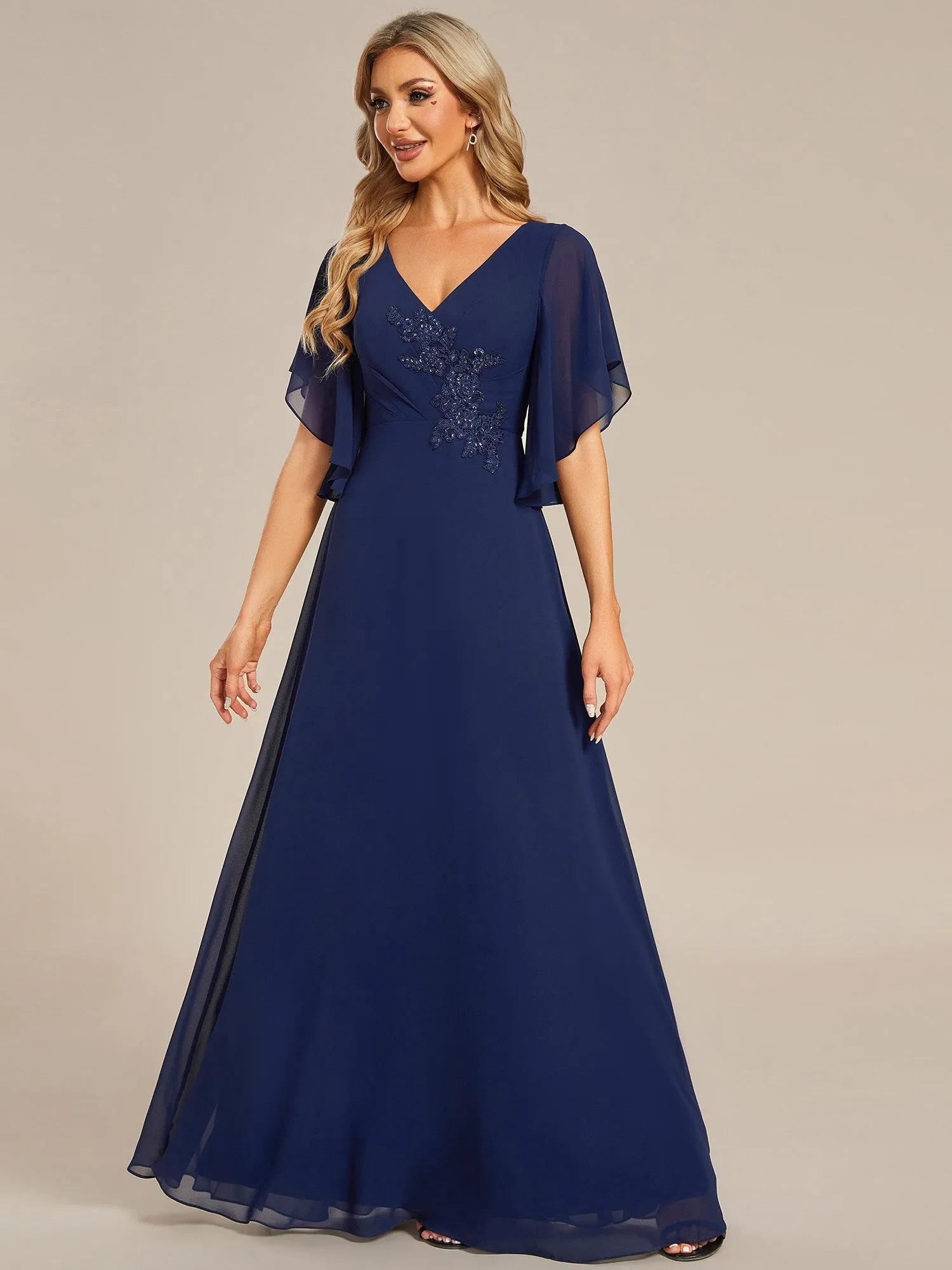 Elegant  Appliques  Floor Length V Neck Half Sleeves Wholesale Bridesmaids Dress