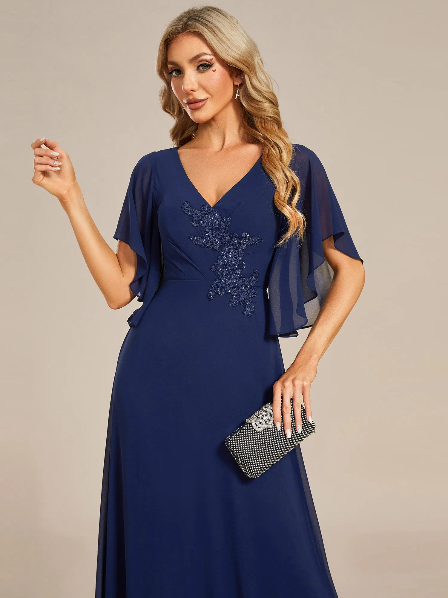 Elegant  Appliques  Floor Length V Neck Half Sleeves Wholesale Bridesmaids Dress